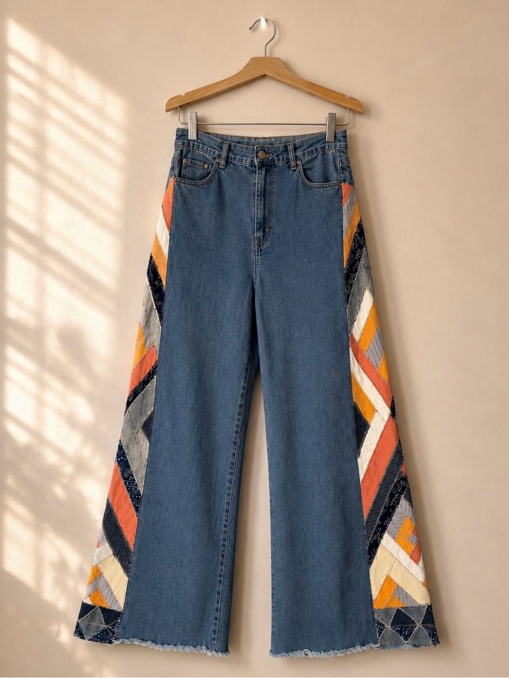 Wide Leg Patchwork Side-Panel Jeans - Blue - Picture 2 of 6